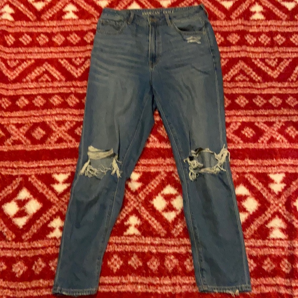 AE high-rise blue ripped mom jeans
